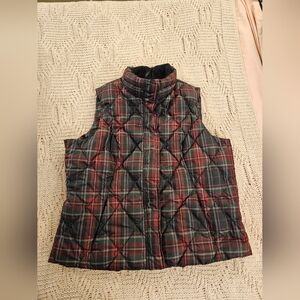 Vintage Eddie Bauer Womens Goose Down Black Red Plaid Full Zip Puffer Vest S